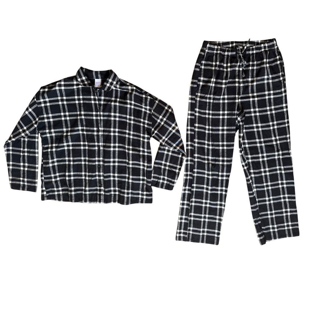Hanna Andersson Women's Holiday Flannel Pajama Set Black & White Plaid Sz Medium